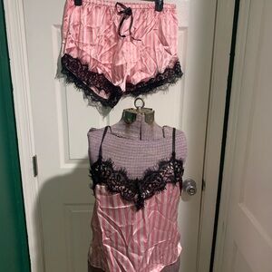 Pink and Black Lace Trim Sleepwear Set